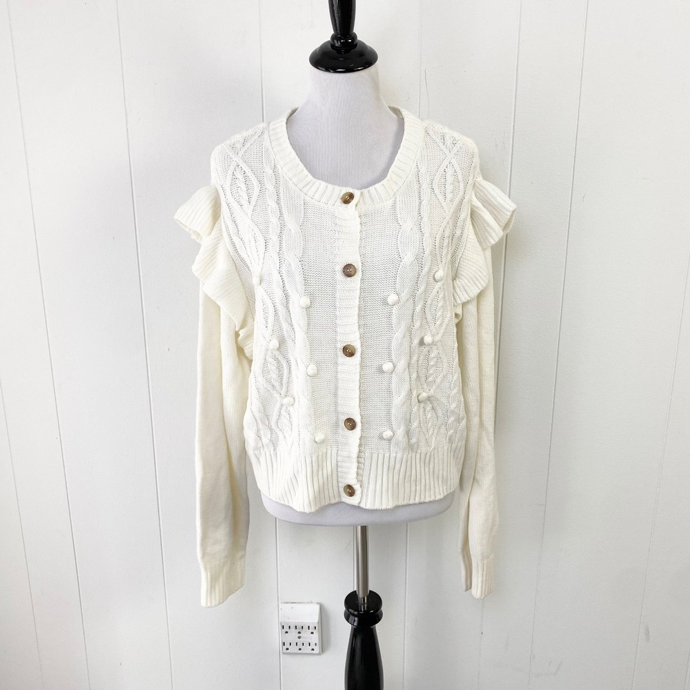 Celebrity Pink Ivory Cable Knit Ruffle Shoulder Button Cardigan Size XXXL 3X